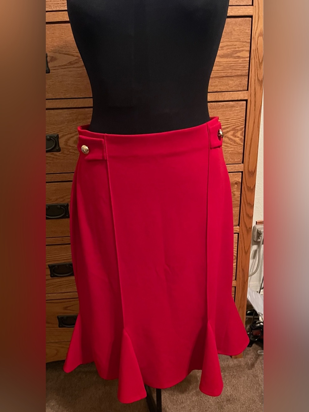 Red High-Waist Midi Skirt with Gold Buttons